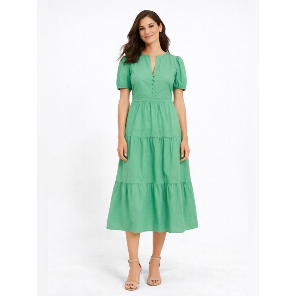 LOFT Puff Sleeve Tiered Midi Dress